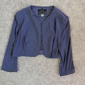 Alex Evenings Jacket Womens 8P Petite Blue Rhinestone Trim Open Front Cropped